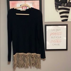 Black and Tan fringe long sleeve top